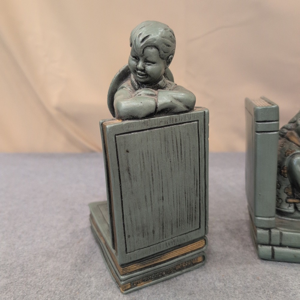 Vintage 1964 Universal Statuary Corp Asian Boy Girl Reading Bookends 927B Green - Picture 4 of 8